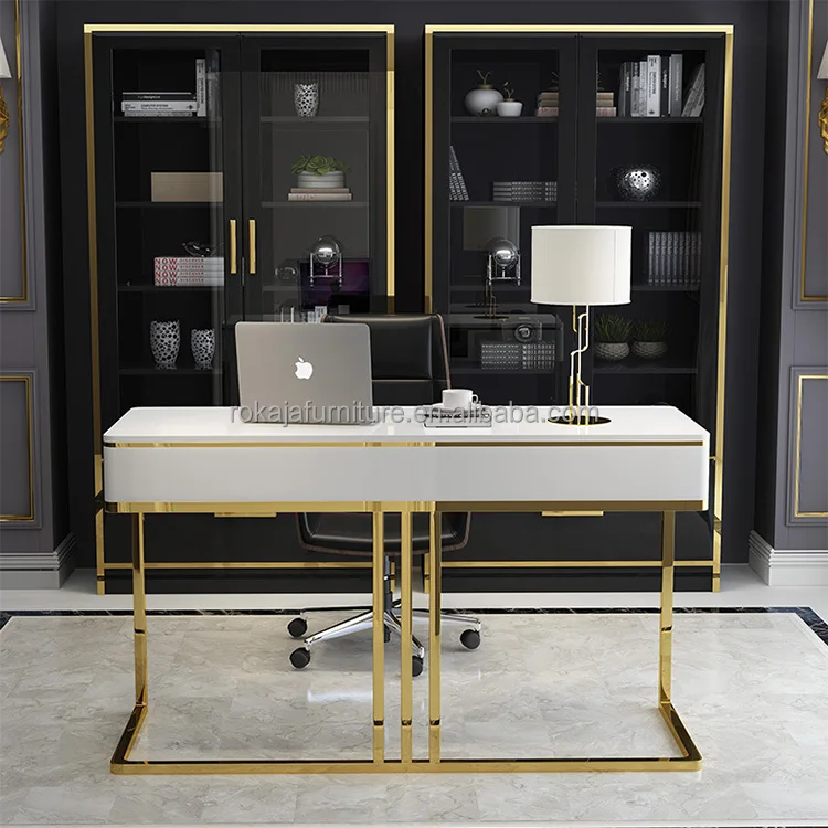 Minimalist Design Office Desk White Lacquer Ready Made Computer Desk With Drawers Office Home Furniture Shiny Titanium Desk