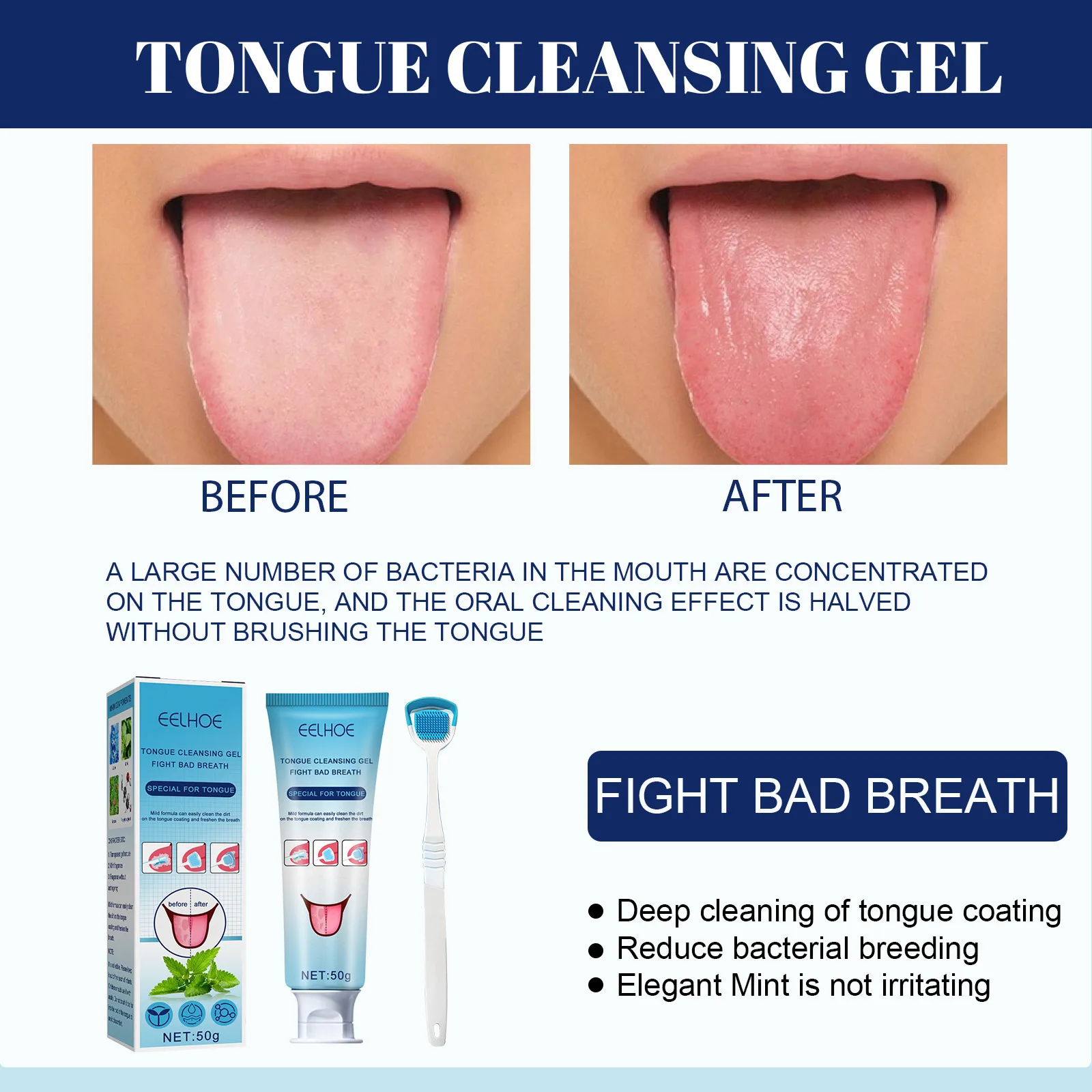Tongue Coat Cleansing Oral Care Deodorizing breath Fresh Breath Tongue Coat Cleansing gel with brush