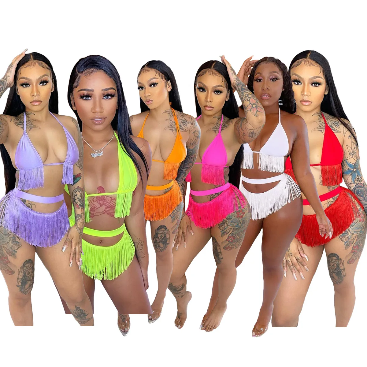 Women Fringe Tassel Two Piece Bikini Set Summer BeachWear Swimsuit Halter Neck Bra and Panty Set Night Club Clothes
