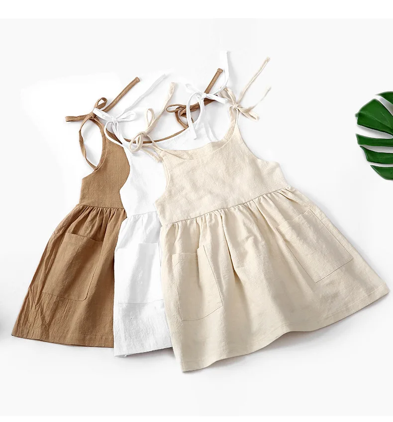 Wholesale Toddler Girls Summer Slip Dresses New Born Baby Dress Linen Cotton Plain Baby Dress