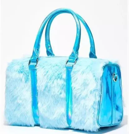 Wholesale Popular Design Cute Furry Blue Travel Overnight Velvet Luxury Duffle Bags