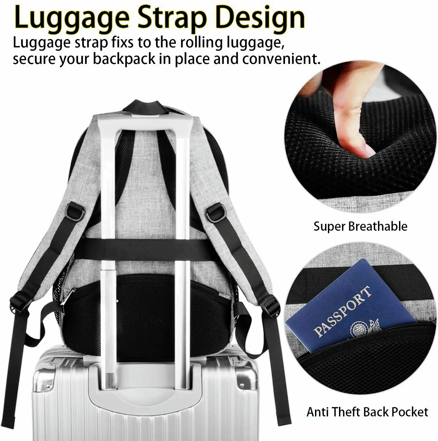 Custom Logo Grey Stylish Waterproof Students School Backpack Boys Shockproof Laptop Bag Large Travel Laptop Backpack