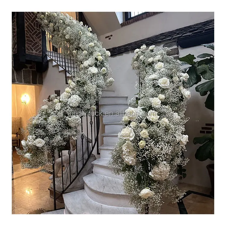 Spiral Staircase Decorative Baby Breath Flower Row Indoor Stair Handrail Aisle Gypsophila Rose Flower Runner for Wedding