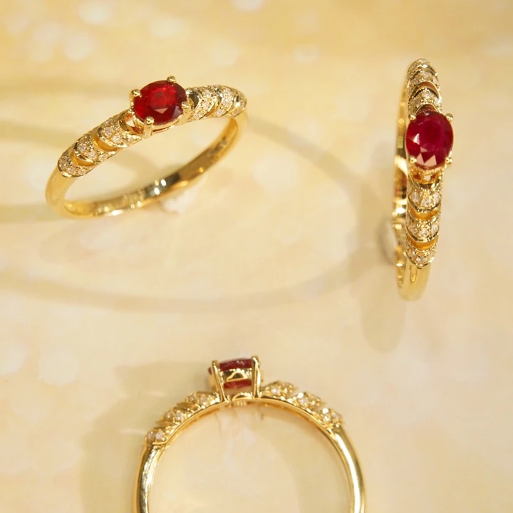 H&F Natural Oval Shaped Ruby Ring with Natural Diamond Vintage 18K 14K 9K Real Gold Natural Burmese Star Ruby Ring