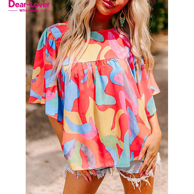 Dear-Lover Fast Shipping Multicolour Abstract Wide Sleeve Crew Neck Blouses And Shirts For Women