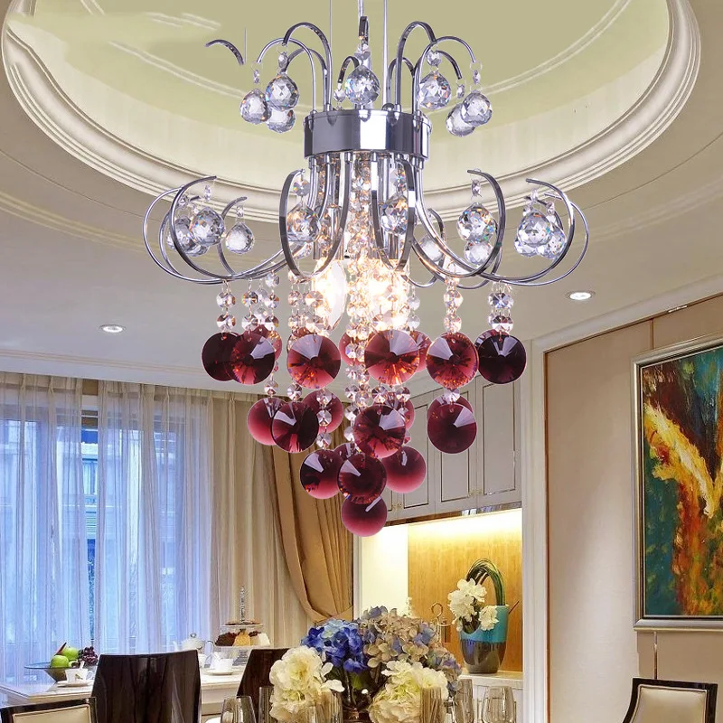 Dining pendant LED European crystal chandelier Restaurant bedroom lighting Warm wine red purple crystal chandelier