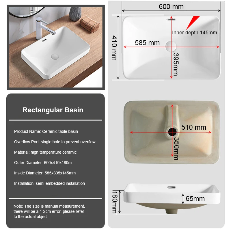 Sanitary Ware Semi-Counter Lavabo White Ceramic Hand Wash Basin Rectangle Bathroom Sink