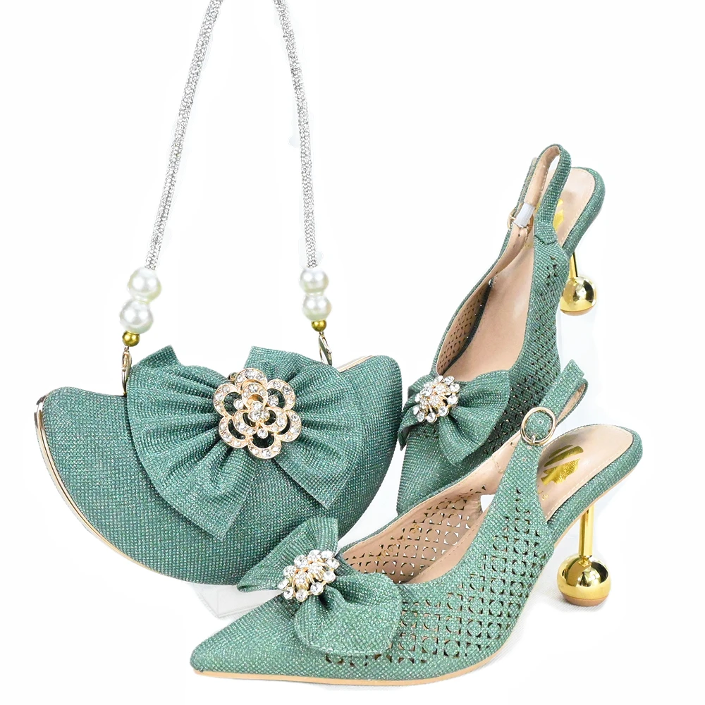 Rhinestone 2024 Purple Color Pointed Toes Design Ladies Sandal Shoes Matching Bag Set For Nigerian Women Wedding Party