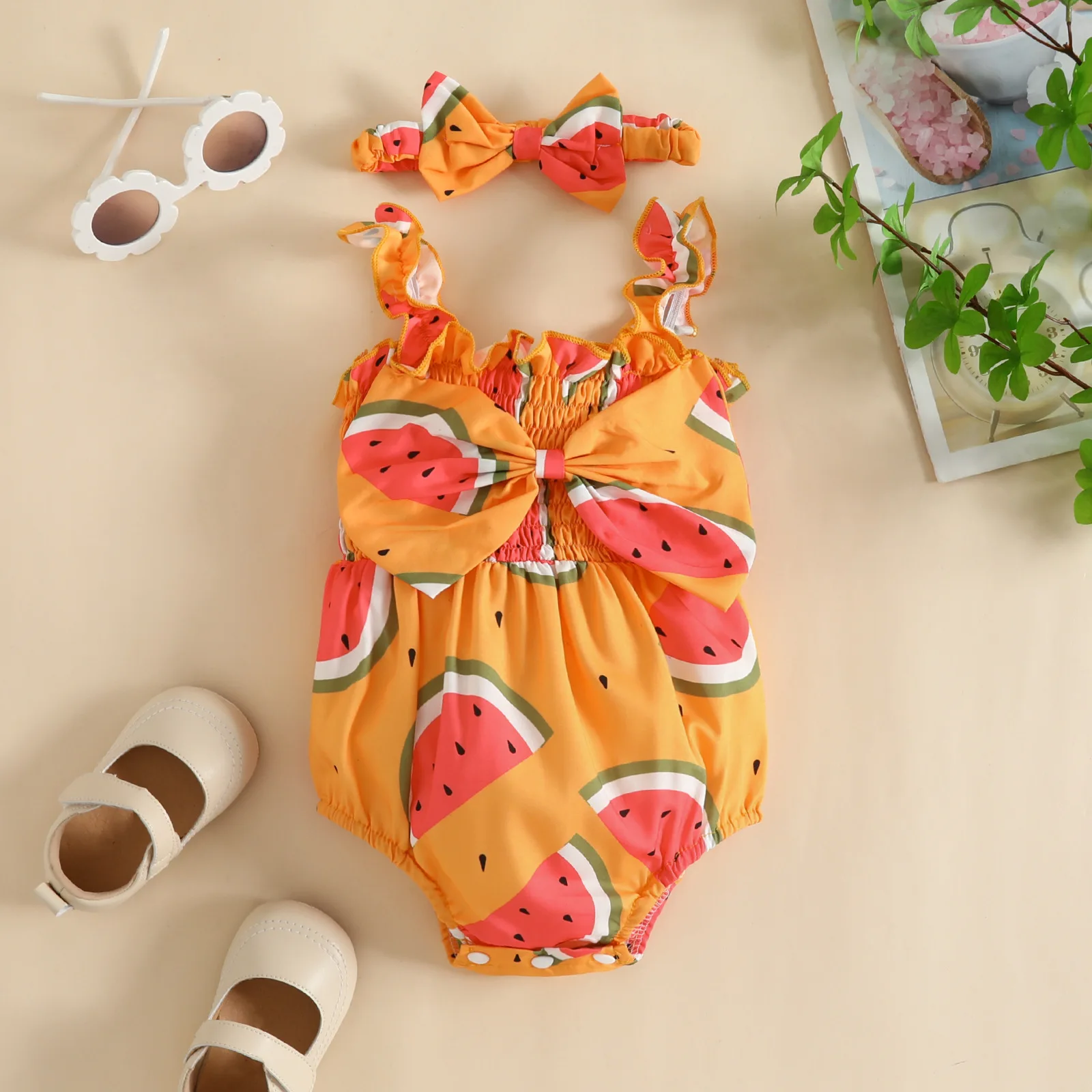 New Summer Baby Clothes Watermelon Print Shoulder Strap Triangle Romper Sleeveless Baby Rompers with Bow Headband