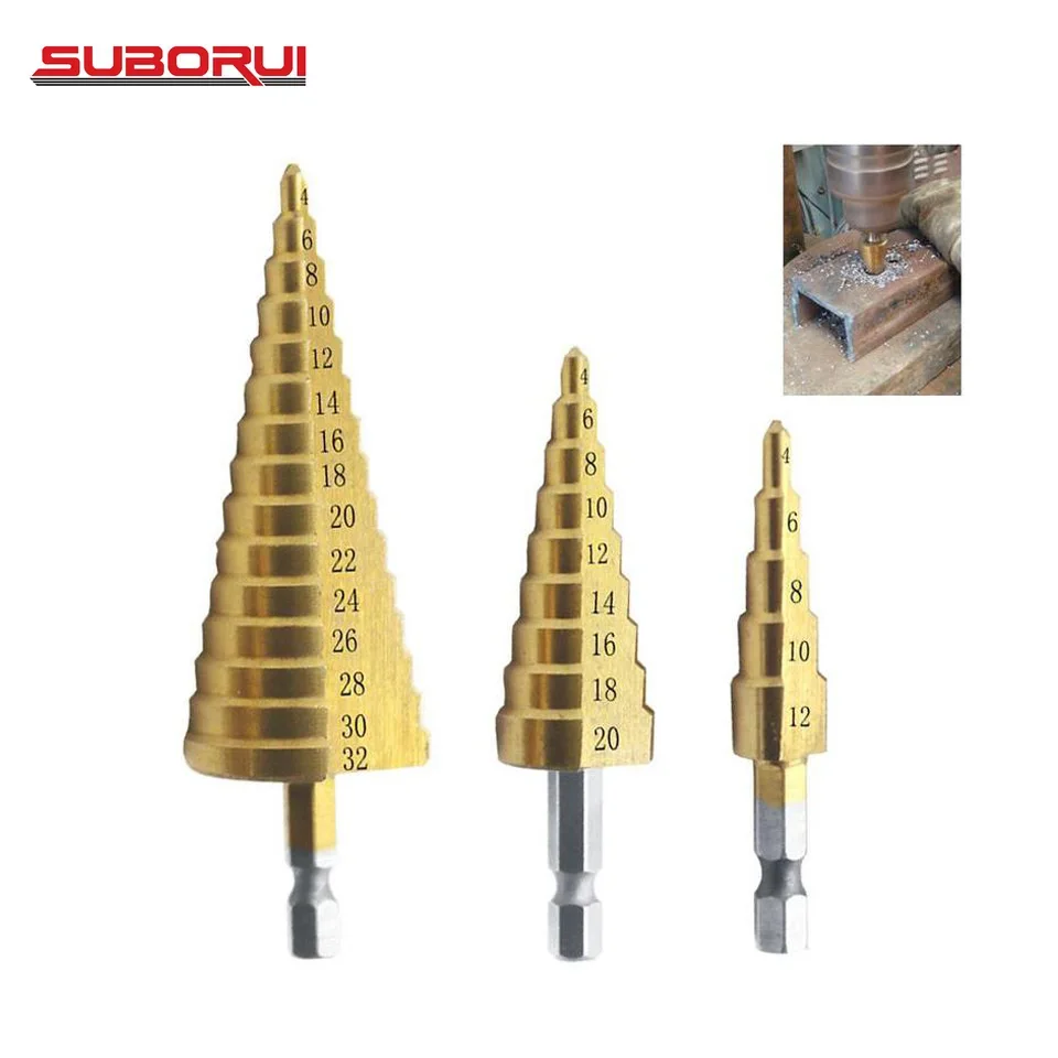 SUBORUI 4241 3 шт. HSS шестигранный хвостовик сталь титановые ступенчатое сверло 3-12 мм 4-12 4-20 набор сверл по дереву