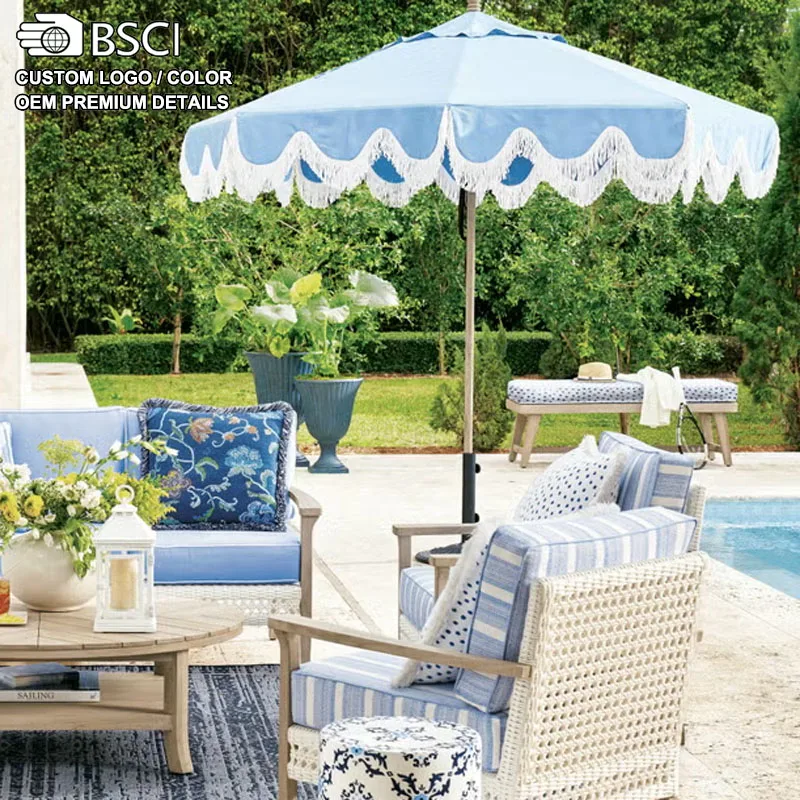 Outdoor 10ft Large Aluminum Pole Polyester Patio Parasols Fringed Garden Pool Portch Market Umbrellas for Restaurant Hotel Shop