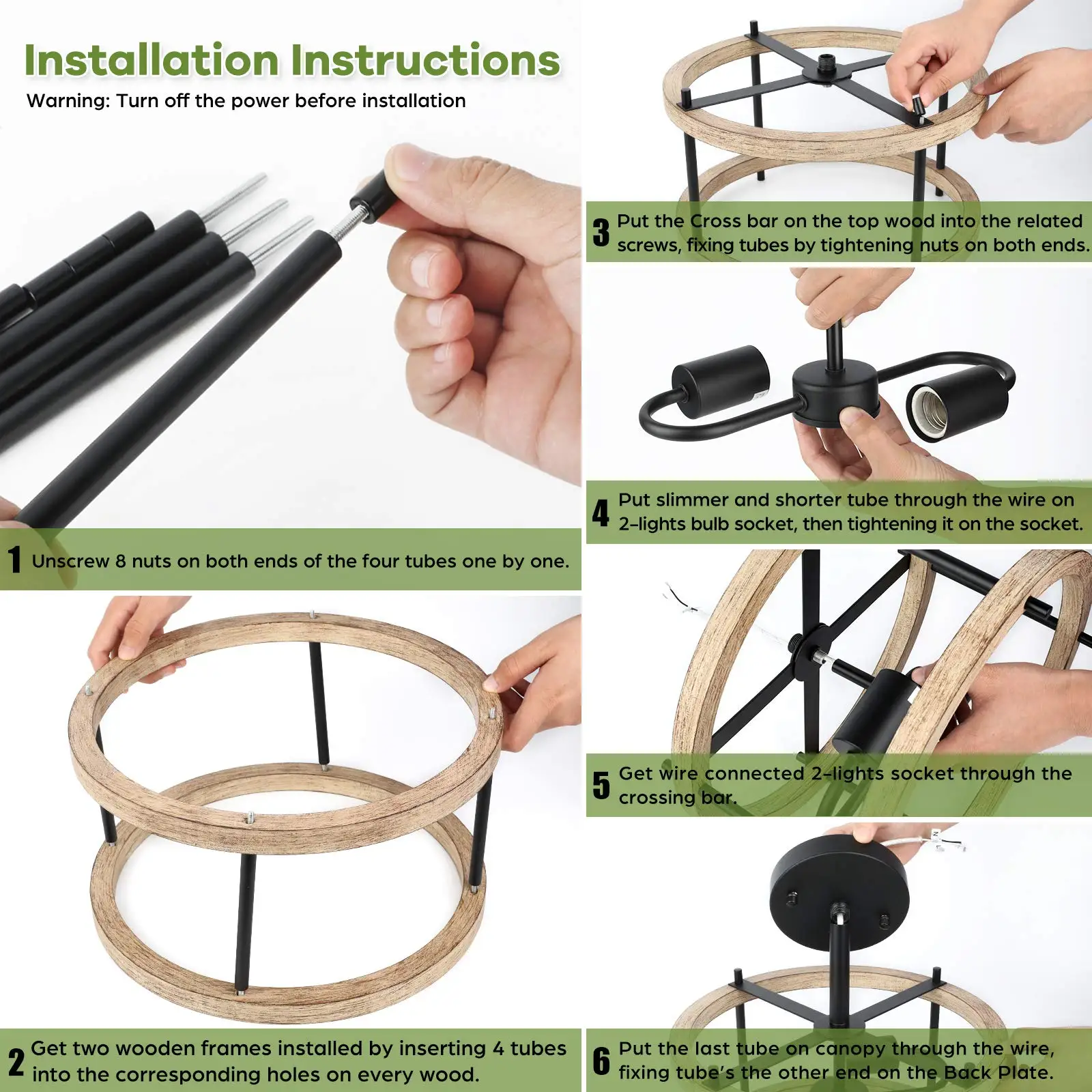 2-light Retro Semi Flush Mount Ceiling Light Fixture Rustic Vintage Wood Ceiling Light Black Metal Industrial Farmhouse Ceiling