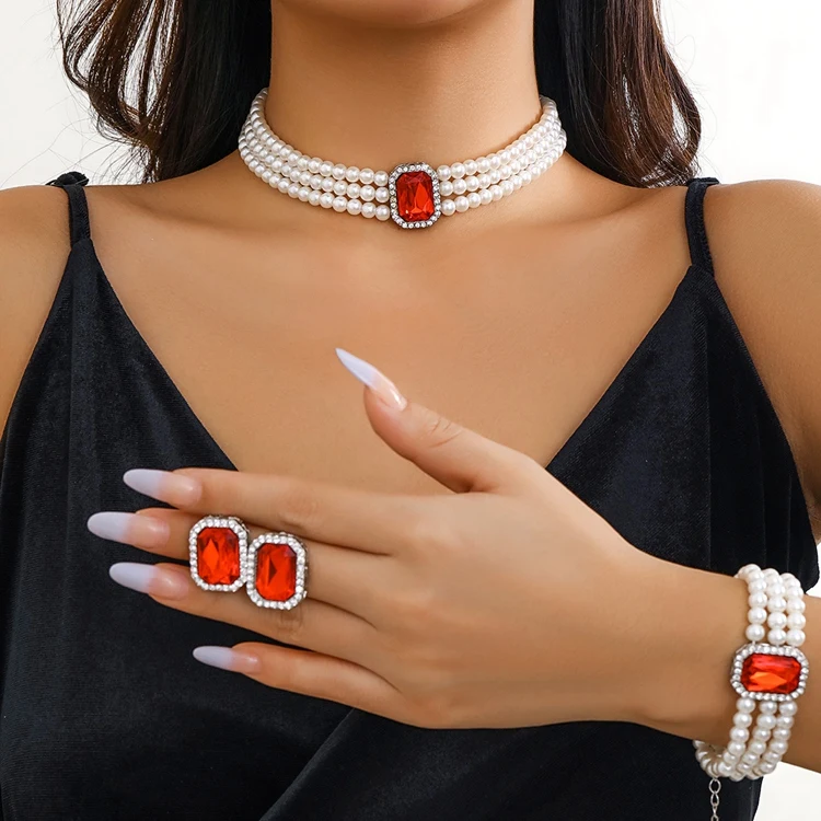 XR-166 Fashion Women Ear Hand Neck Jewelry  Bracelet Earrings And Necklace Crystal Diamond Pearl Jewelry Kit