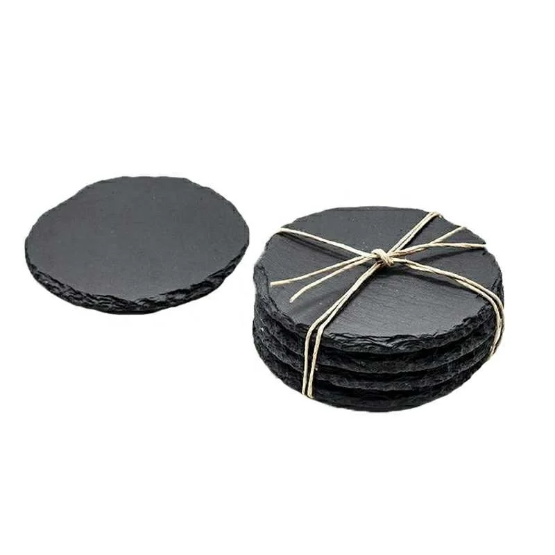 2022 Latest Design Best Selling Wholesale Round Black Natural Slate Custom Cup Coaster With Cork Mats