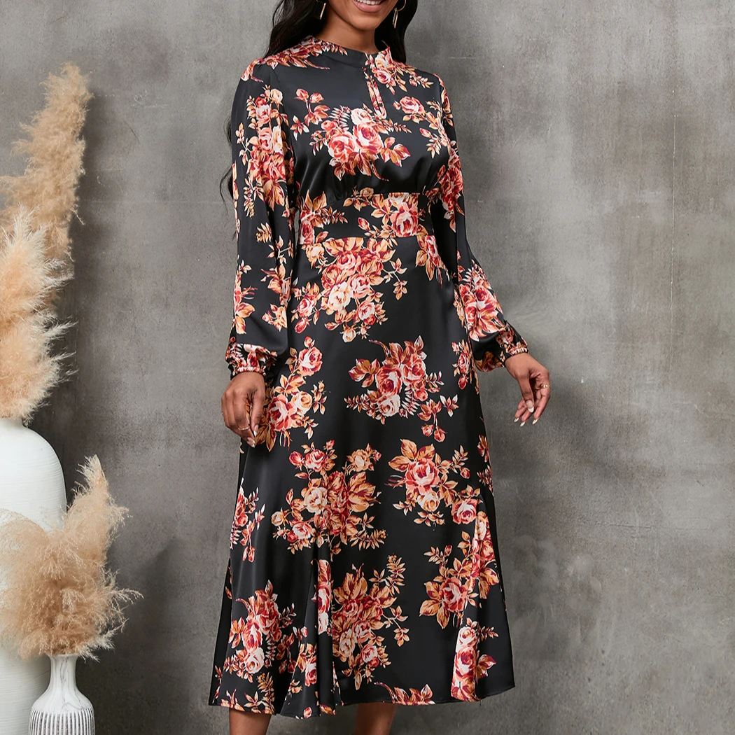 Custom winter women daily midi dresses vestidos ladies long sleeve floral print dresses casual elegant dresses women