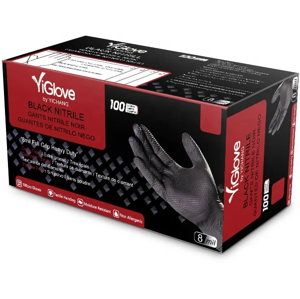 Industrial Mechanical Glove Diamond Grip textured Hand Custom Pattern Box Black Custom Mechanic Rubber Gloves Nitrile