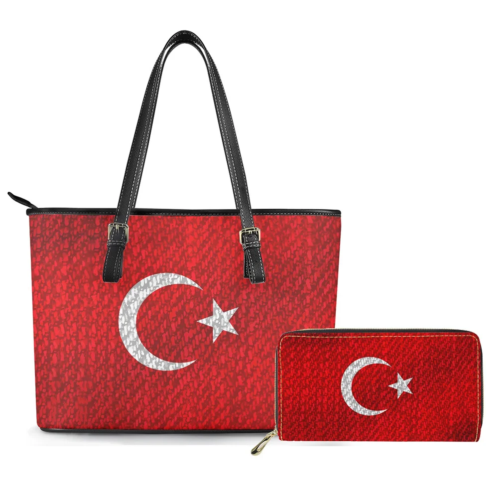 HZESWODY TM Turkey Flag Handbags For Women Moon And Star Print Purses And Handbags 2Pcs Custom Wallets Print On Demand tote bag