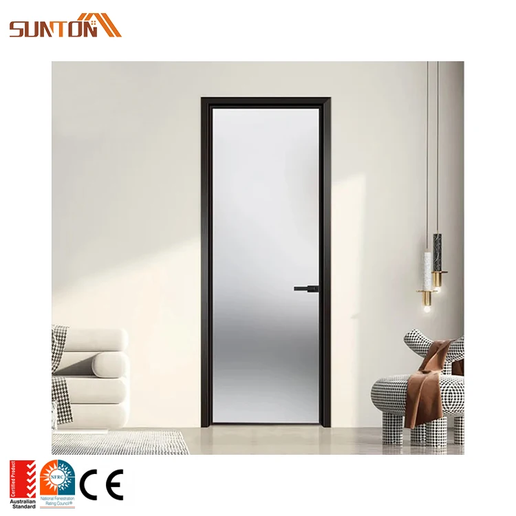 Modern single leaf aluminum toilet doors design custom black aluminium frame tempered frosted glass bathroom door with lock