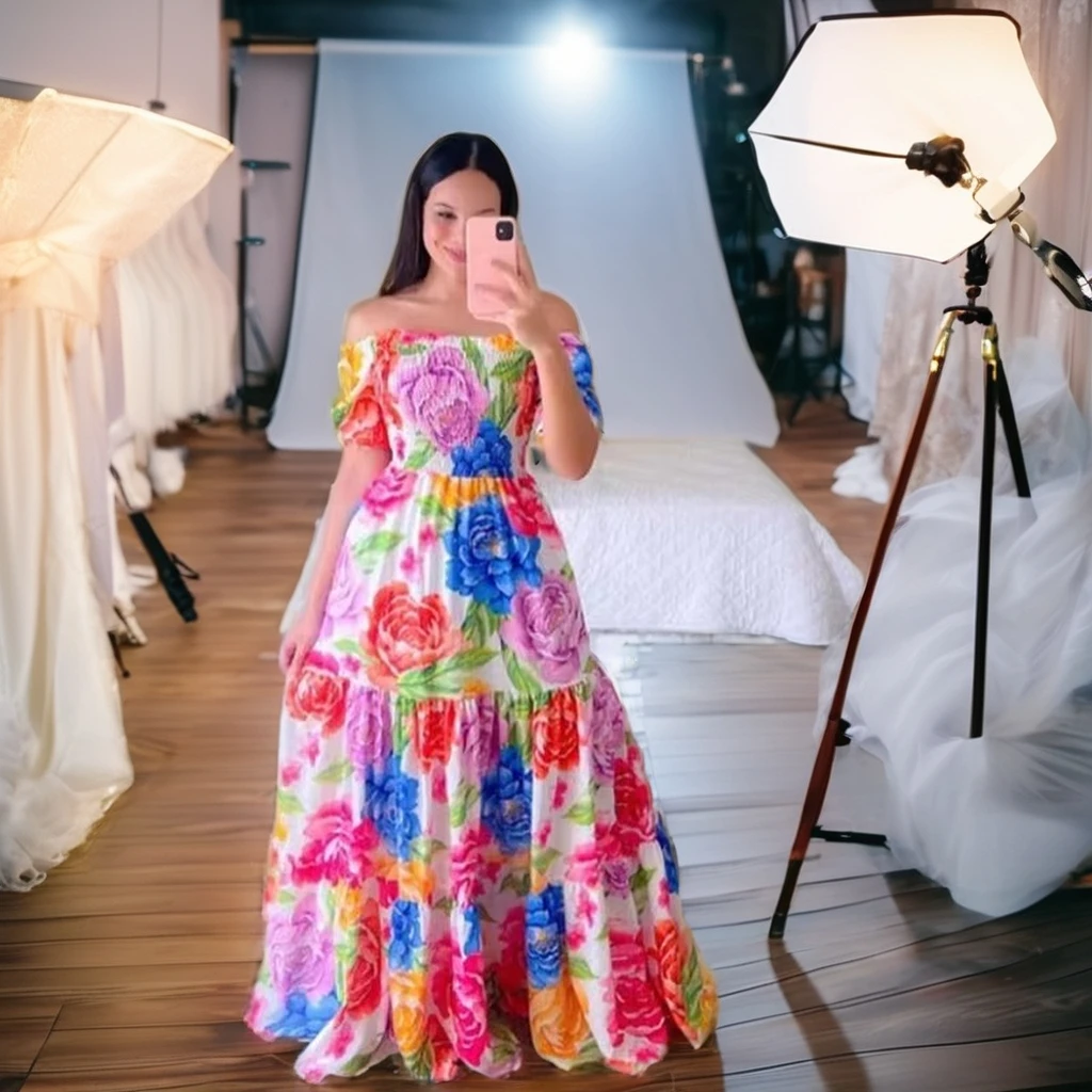New color flower slim-fit photo dress one line shoulder floral off-the-shoulder long printed fairy dress