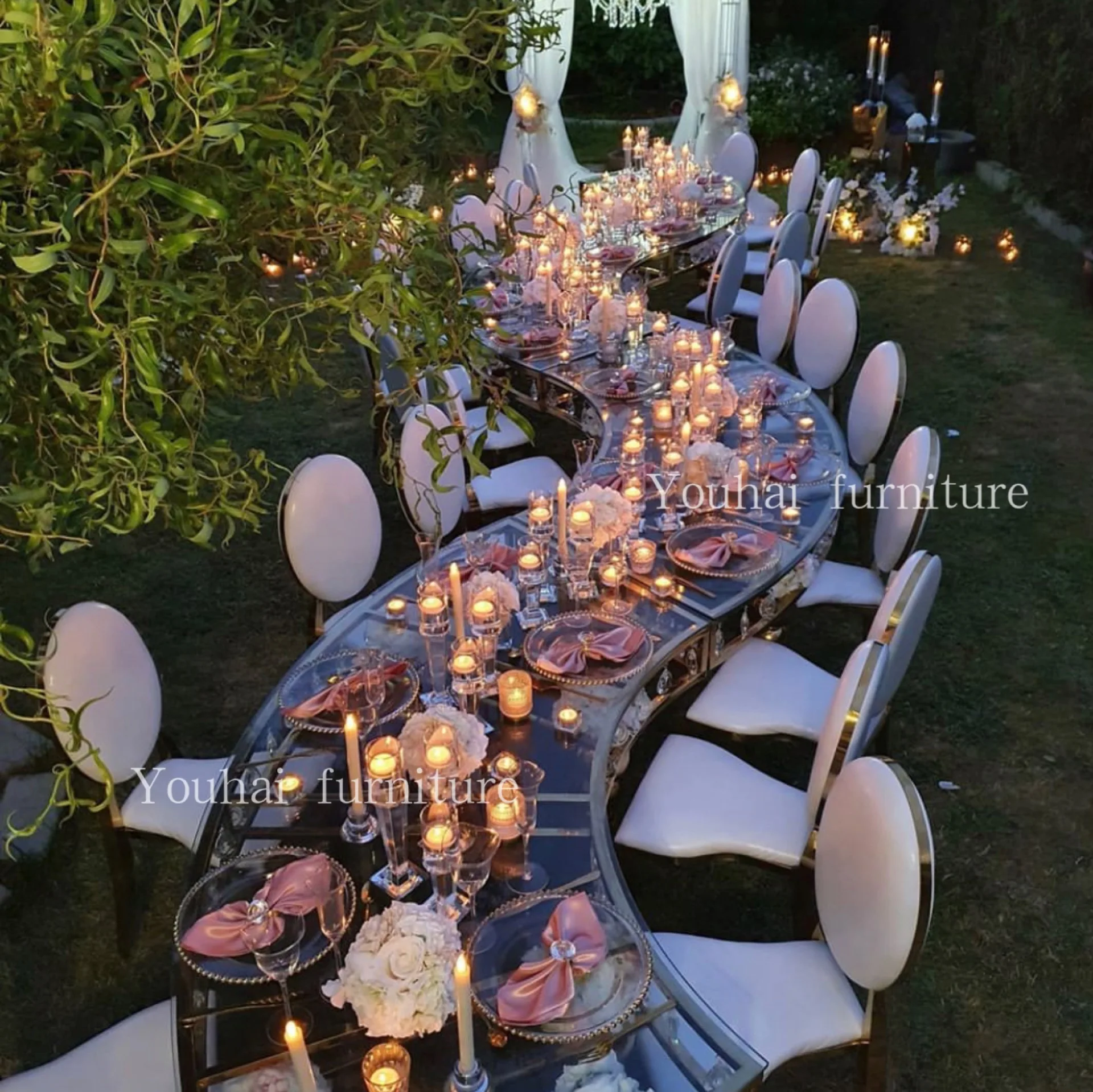 Event furniture mirror glass top  stainless steel crystal S shape wedding banquet dining table