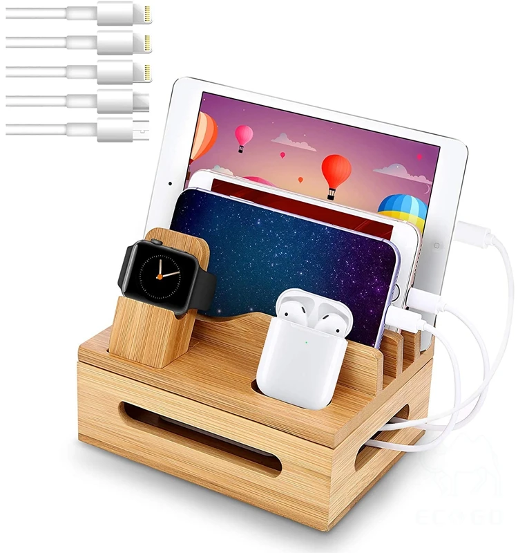 Bamboo Charging Station for Multiple-Devices Mobile Phone Docking Station Organizer