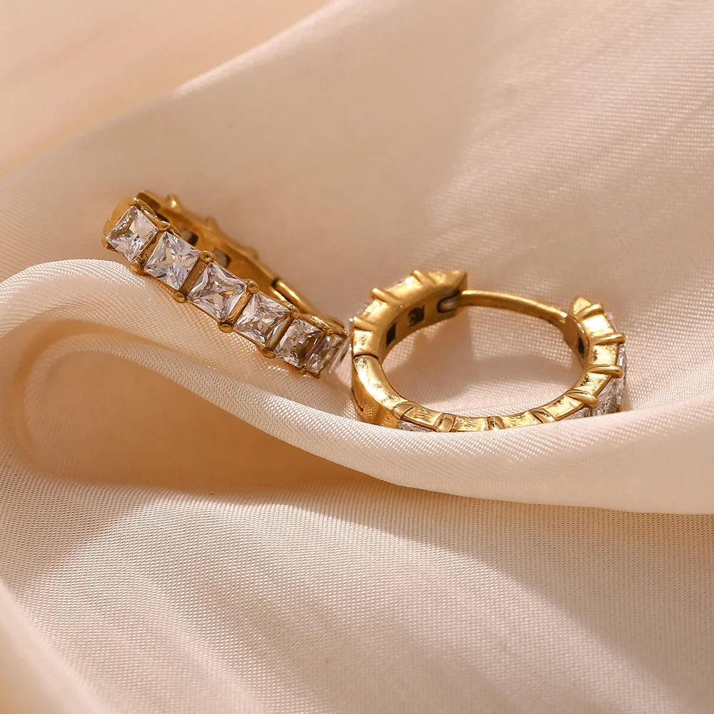 Baguette Zircon Huggies Earrings 18k Gold Plated Jewelry Stainless Steel Earrings Women Jewelry