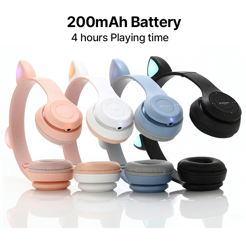 Flash Light BT Cute Cat Ear Blue tooth Headphones Wireless with Mic Stereo Foldable Kids Music Earphones Headset For Gift