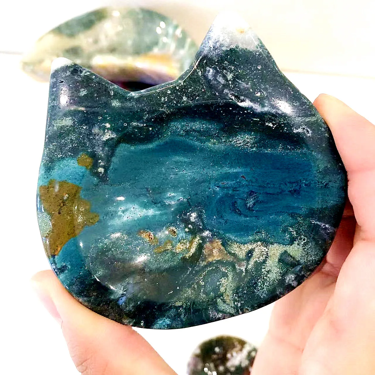 Natural Stone Carving Animal Statue Dish Crystal Heart Moon Ashtray Ocean Jasper Bowl for Decorate