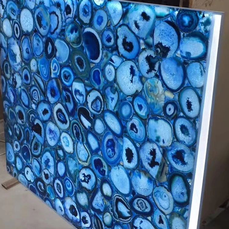 YDSTONE Backlit Blue Agate Countertop Natural Semi-Precious Stone Slab Composite With Polished Surface