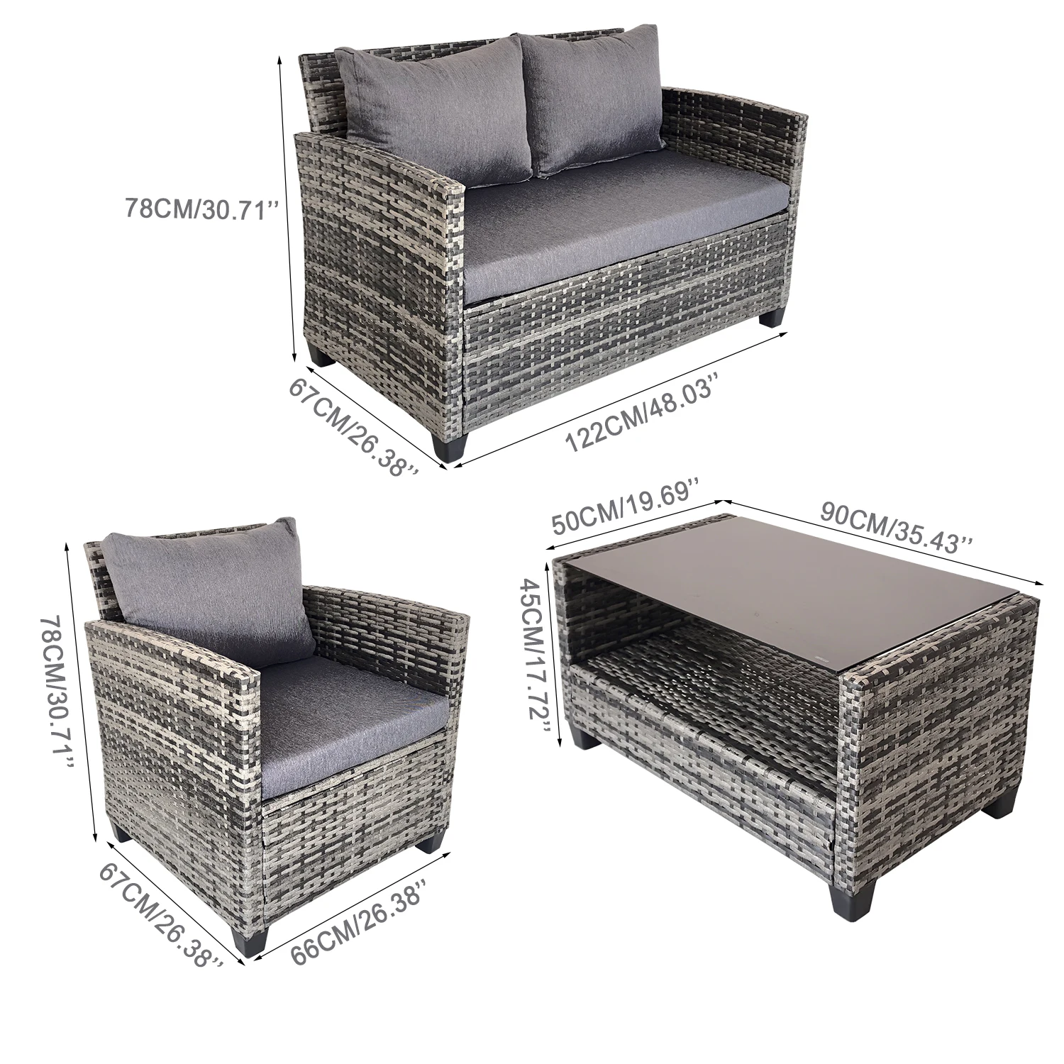 Wholesale Manufacture Set of 4 Leisure  Conversation Rattan Table and Chair with Plastic Feet