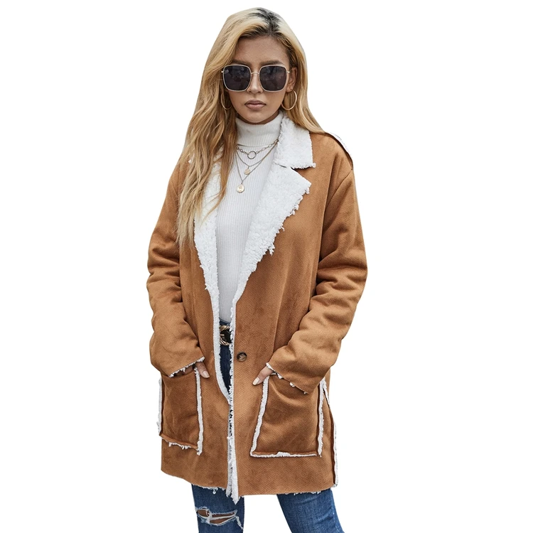 2022 winter fashion classic brown lady long jacket polar fleece suede trench coat women