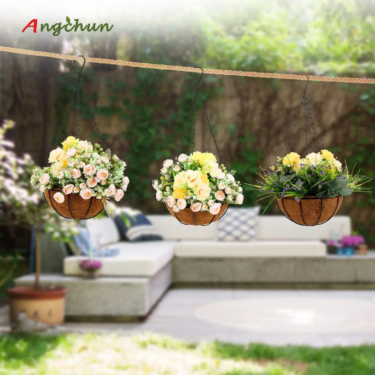 Hanging Planters 10 Inch Metal Flower Pots with Coco Coir Liners Wire Plant Holder with Hanger Watering Hanging Baskets