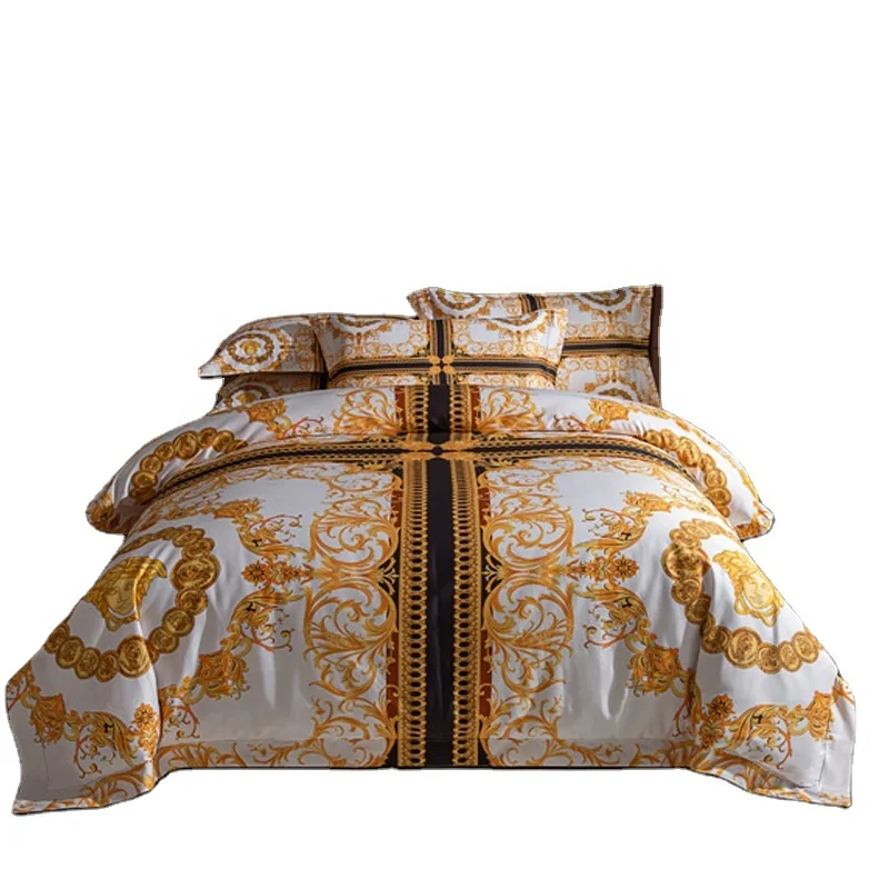 Luxury 100S Cotton Bedding Set baroque Style-E Digital Printing Duvet Cover with Zipper Closure Bed Sheet Pillowcases Set