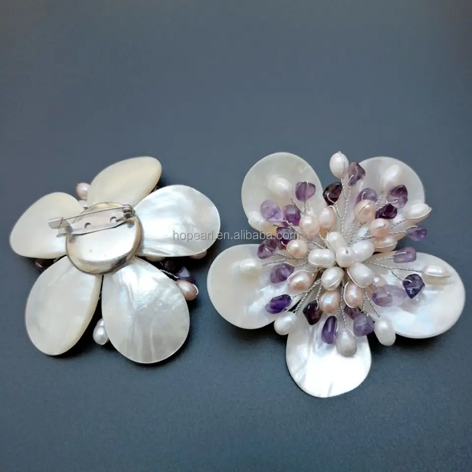 BRH37 Amethyst and Freshwater Pearls Natural White Mother of Pearl Shell Handmade Flower Brooch