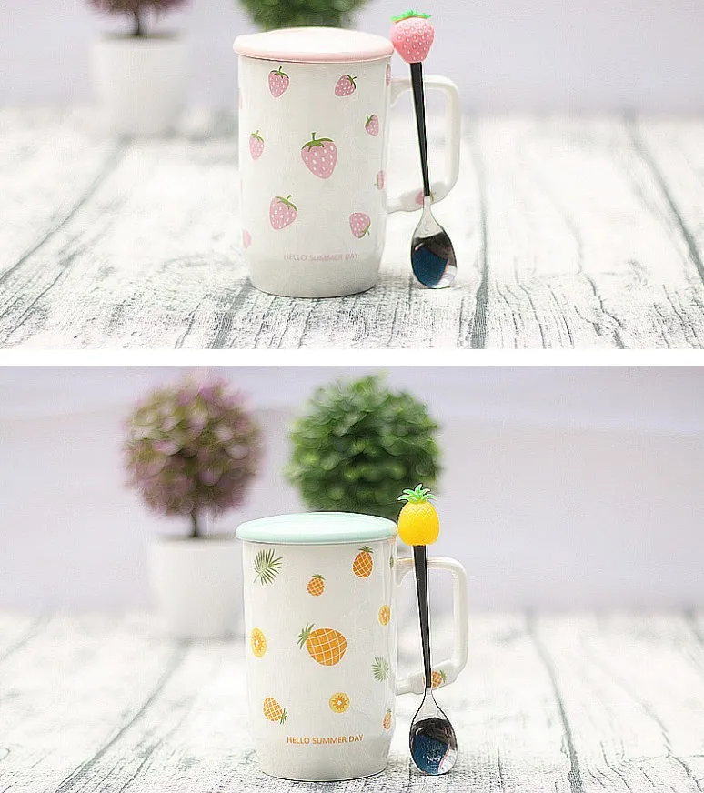 UCHOME Creative colorful fruit casual cup with lid with spoon cup strawberry banana ceramic mug