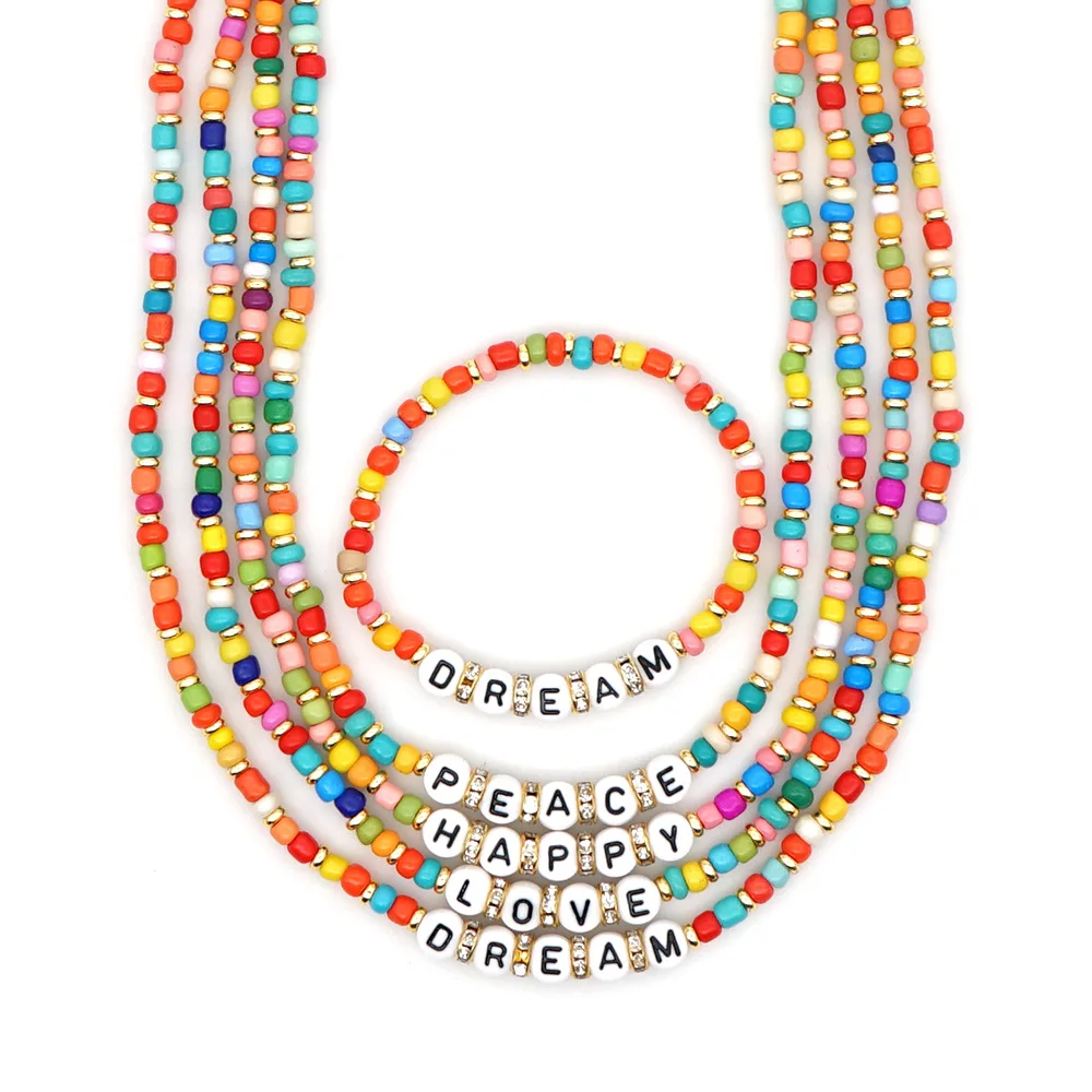 Customized Rainbow Bohemian Ethnic Style Letters Metal Sheet Pendant Miyuki Necklace Beaded Rice Bead Woven Handmade Jewelry