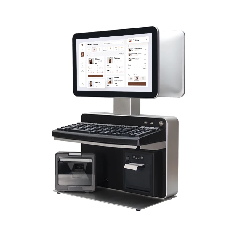 Wholesale 14 inch 1366*768 dual screen Core I3 processor 4+64GB with large scan platform printer POS machine