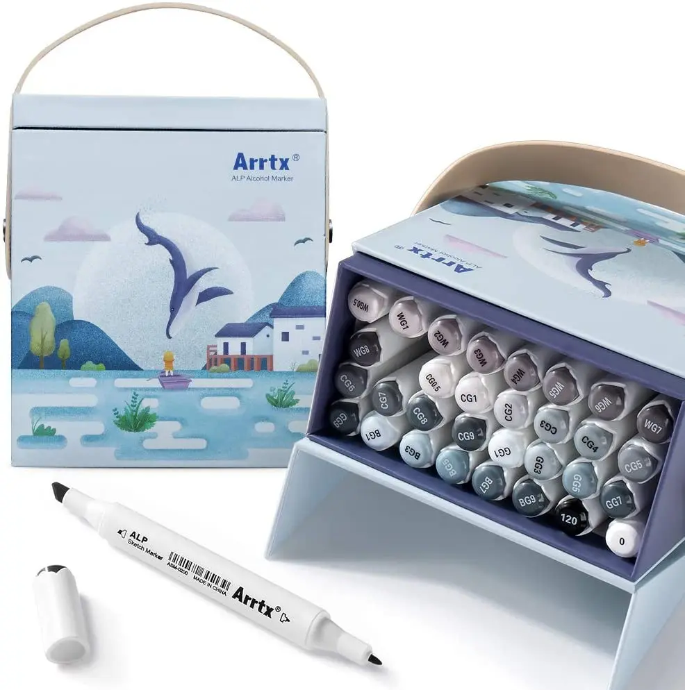 Arrtx Graphic Sketch Markers Cool Grey Tone 32 Colors Double Tipped Art Markers with Fine Bullet & Chisel Point Tips