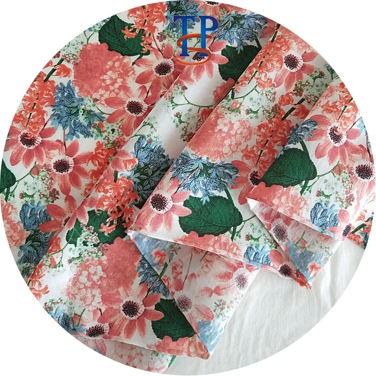 
Customizable 16mm red daisy printed silk cotton stain interwoven fabric 