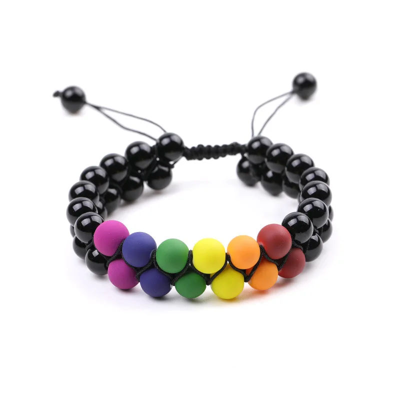 8mm Black Agate Bracelets Seven Chakra Stone Adjustable Double Woven Yoga Relax Bracelet For Women Men