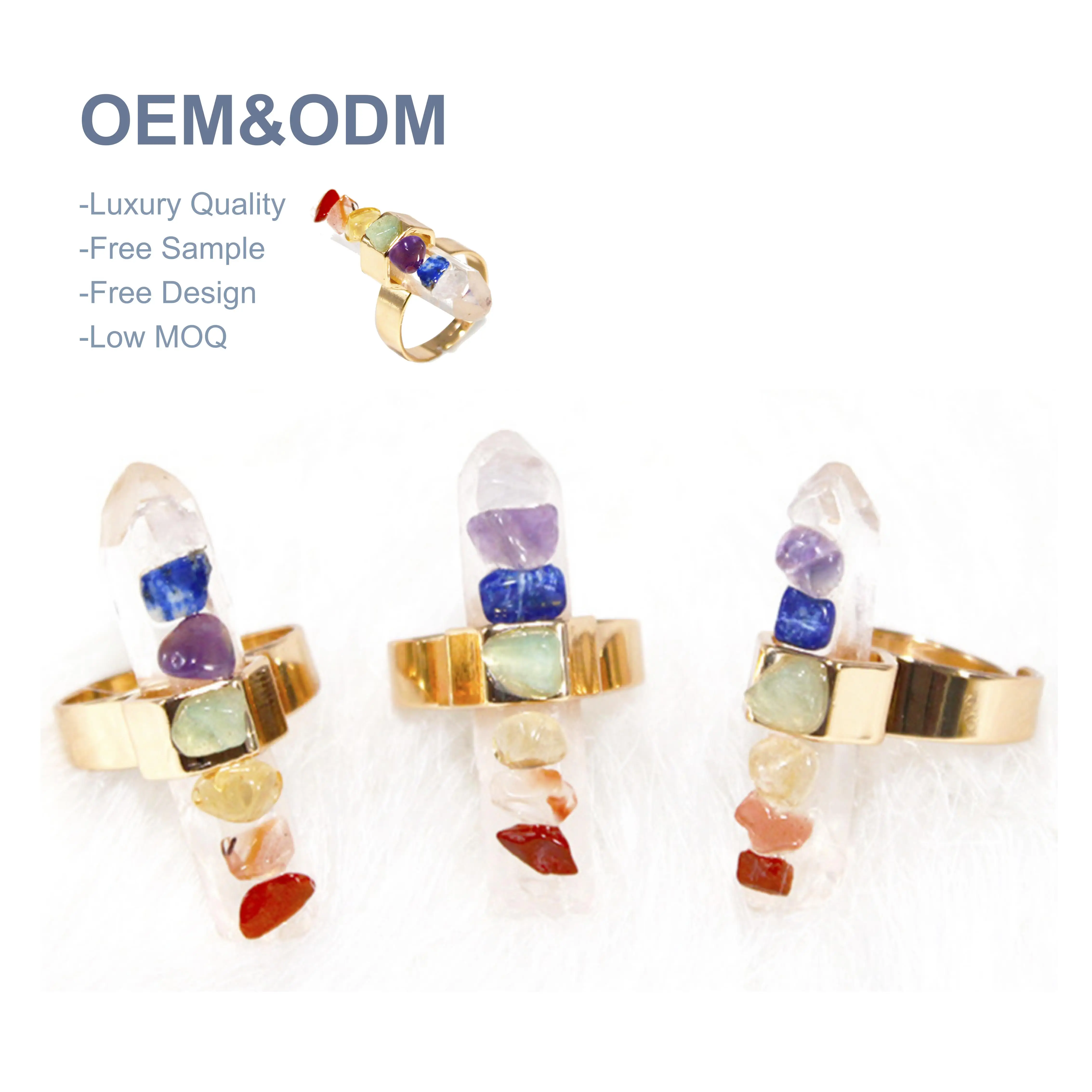 QIURAN Natural Crystal column crushed stone Set Ring 7 Chakra Crystal ring set with gold adjustable ladies fashion Reiki jewelry