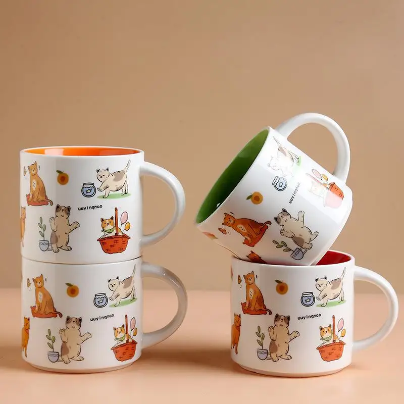 400ml Cat Pattern Color Glaze Inside Ceramic  Mug, Porcelain cup with Lid Wholesale