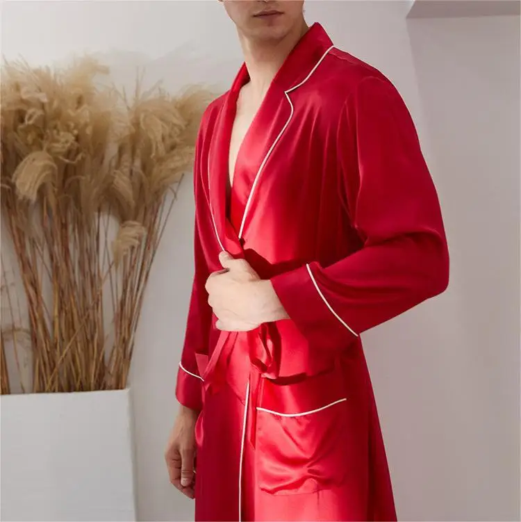Мужская длинная шелковая ночная рубашка 19 мм, летняя и осенняя 100% одежда из тутового шелкопряда, домашняя одежда, мужской халат на шнуровке