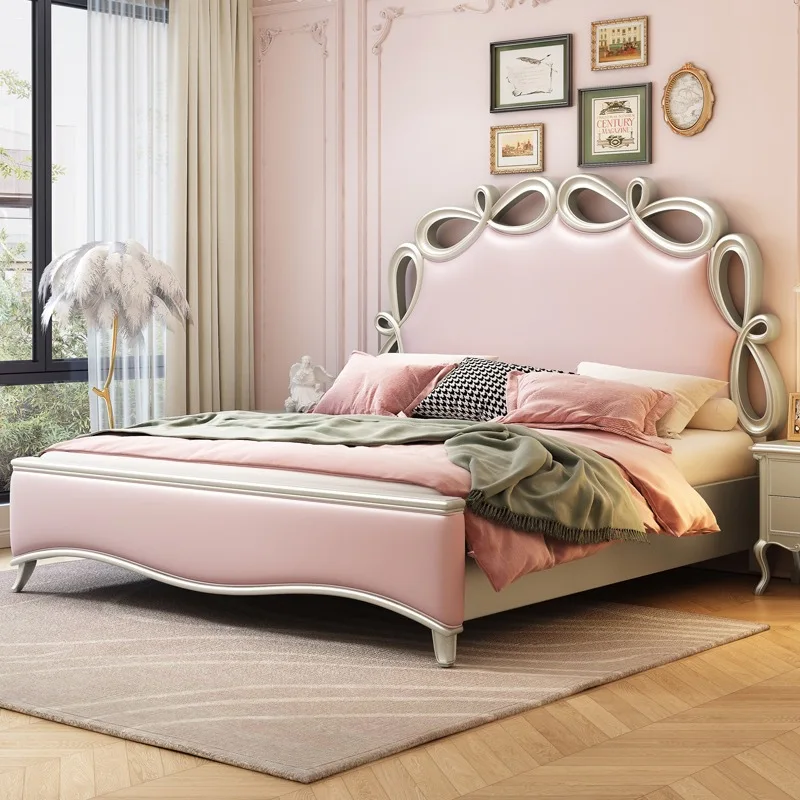 Bedroom Furniture Set Leather Upholstered King Size Wood Frame Double Bed Storage Princess Wooden Bed Pink Luxury Royal Bed