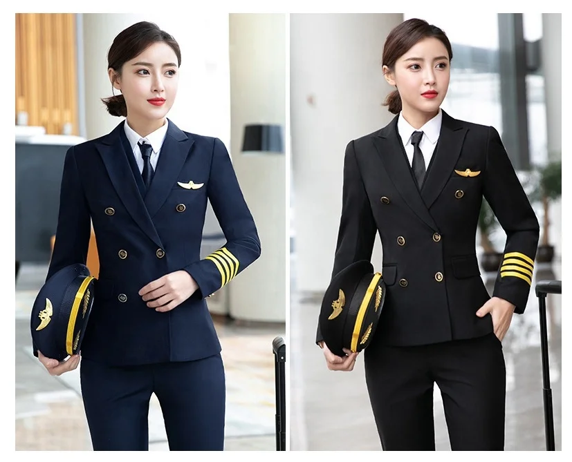 Spring Autumn Aviation School Uniform Pilot Hotel Double Breasted Work Uniform Men Women Blazer Jacket Pant Crew Airline Uniform