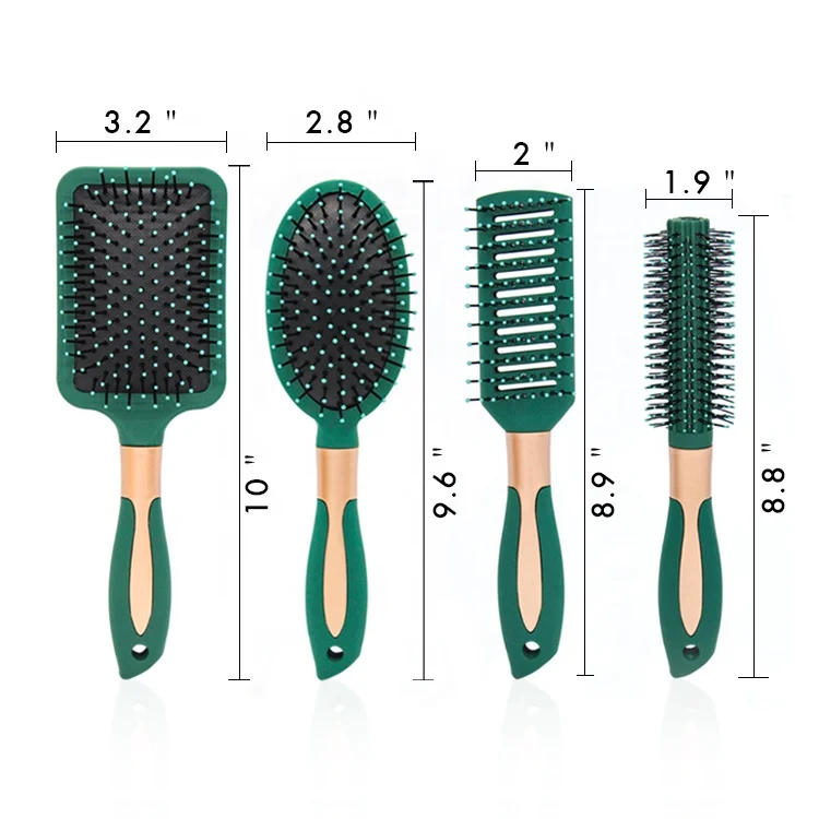 Gloway Custom Oem Professional 4Pcs Luxury Curly Plastic Detangling Hairbrushes Salon Green Curly Hair Brush Set For Women