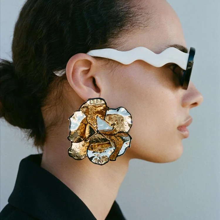 ZA  Metal Drip oil Metal big flower Stud Earrings Women Punk Golden Alloy petal Shaped Earring Wholesale Jewelry