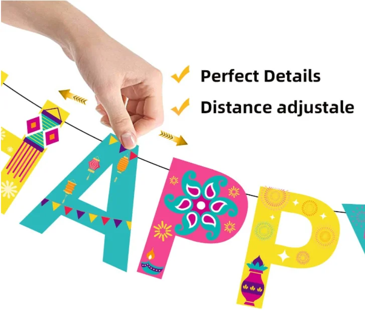 Happy Diwali Rangoli Diya Hindu Hanging Swirls Banners signs Flags garland for Deepavali Festival of Lights Party supplies decor