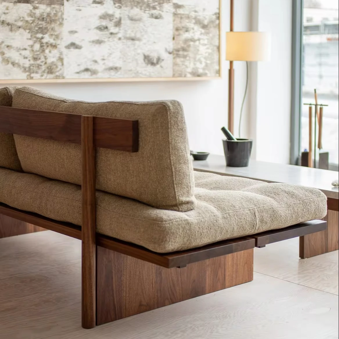 2-Seater Japanese  Minimal Design Outdoor Sofa With Solid Teak Wood & Linen Cushion for Outdoor and Indoor Home Furniture