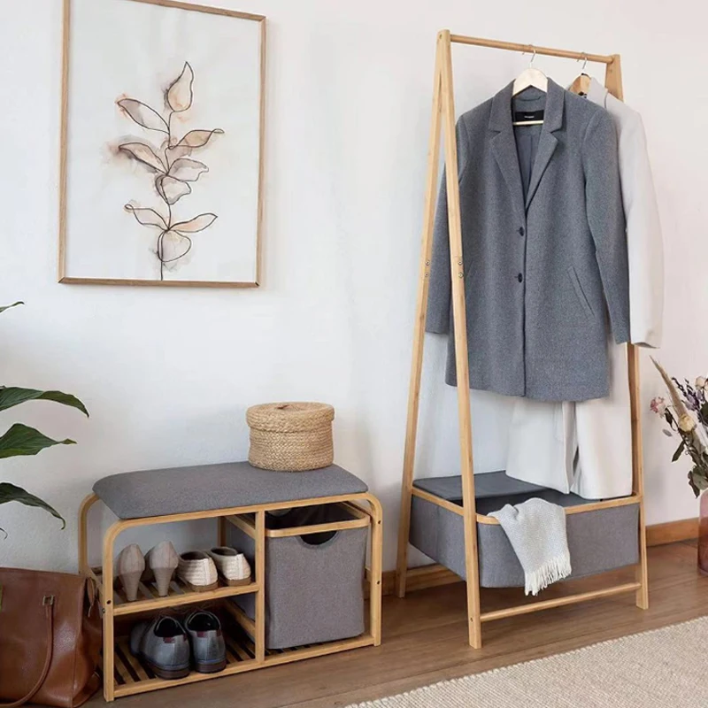 Wholesale Natural Grey NonSlip Feets Storage Shelf Bamboo Shoe Rack Bench with Seat